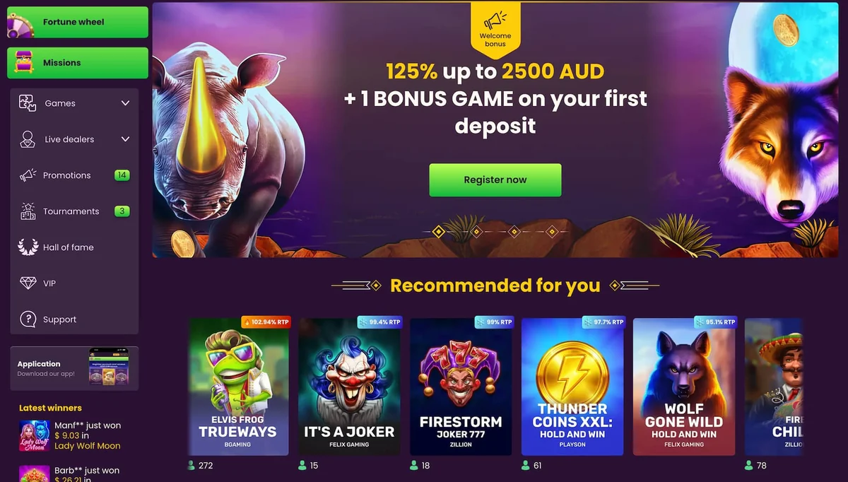 Bizzo Casino Australia desktop lobby with the 125% up to 2,500 AUD welcome offer
