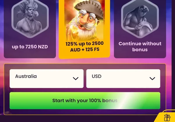 Bizzo Casino sign-up form with country and currency selection and the 125% welcome bonus