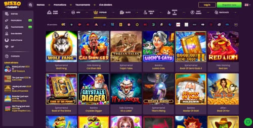 Bizzo Casino pokies lobby grid with popular slot titles
