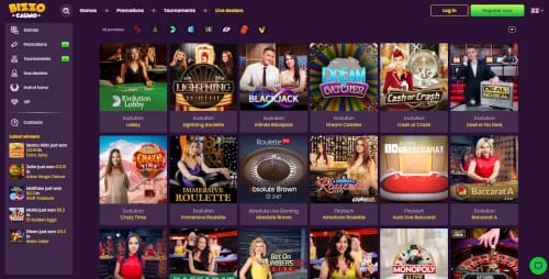 Bizzo Casino live dealer section with roulette and blackjack tables