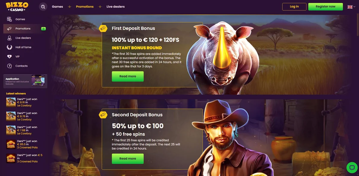 Bizzo Casino promotions page with first and second deposit bonus cards