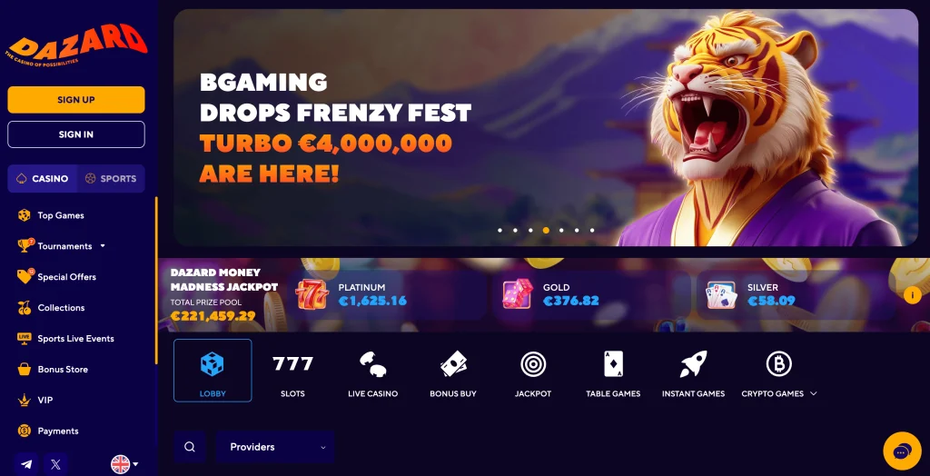 Dazard Casino lobby, a Bizzo alternative with a large welcome package