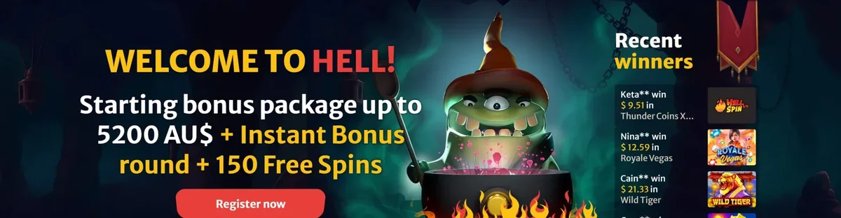 HellSpin welcome banner: up to 5,200 AUD plus 150 free spins
