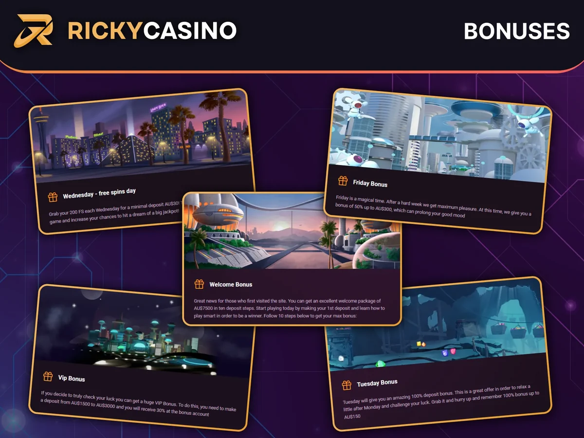 Ricky Casino bonuses page with weekly offers
